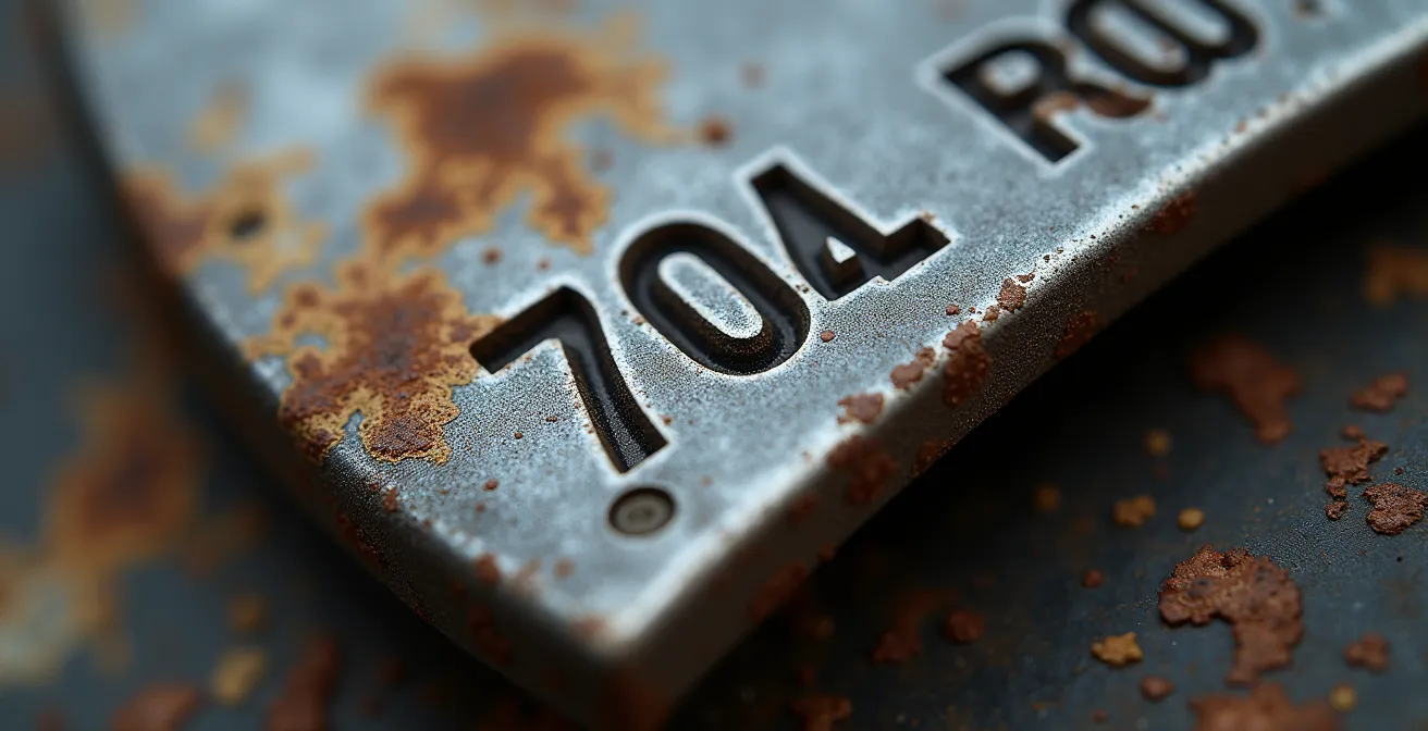 Détail macro d'un numéro gravé sur métal avec traces de rouille