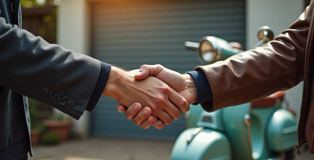 Poignée de main entre acheteur et vendeur avec mobylette floue en arrière-plan