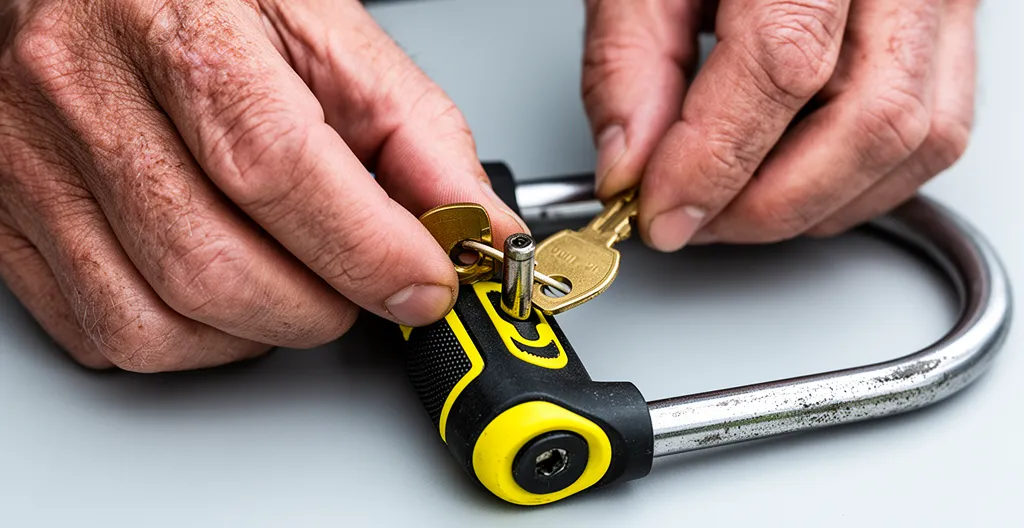 Main inspectant un antivol U d'occasion en bon état sur une surface claire