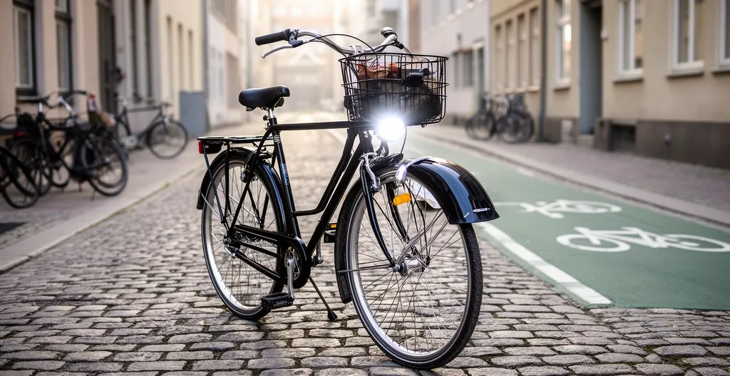 Vélo de ville équipé de garde-boue et d'éclairage avant dans une rue pavée