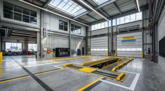 Intérieur moderne d'un garage spécialisé camions lourds avec baie d'inspection vide et rampe élévatrice sous éclairage naturel