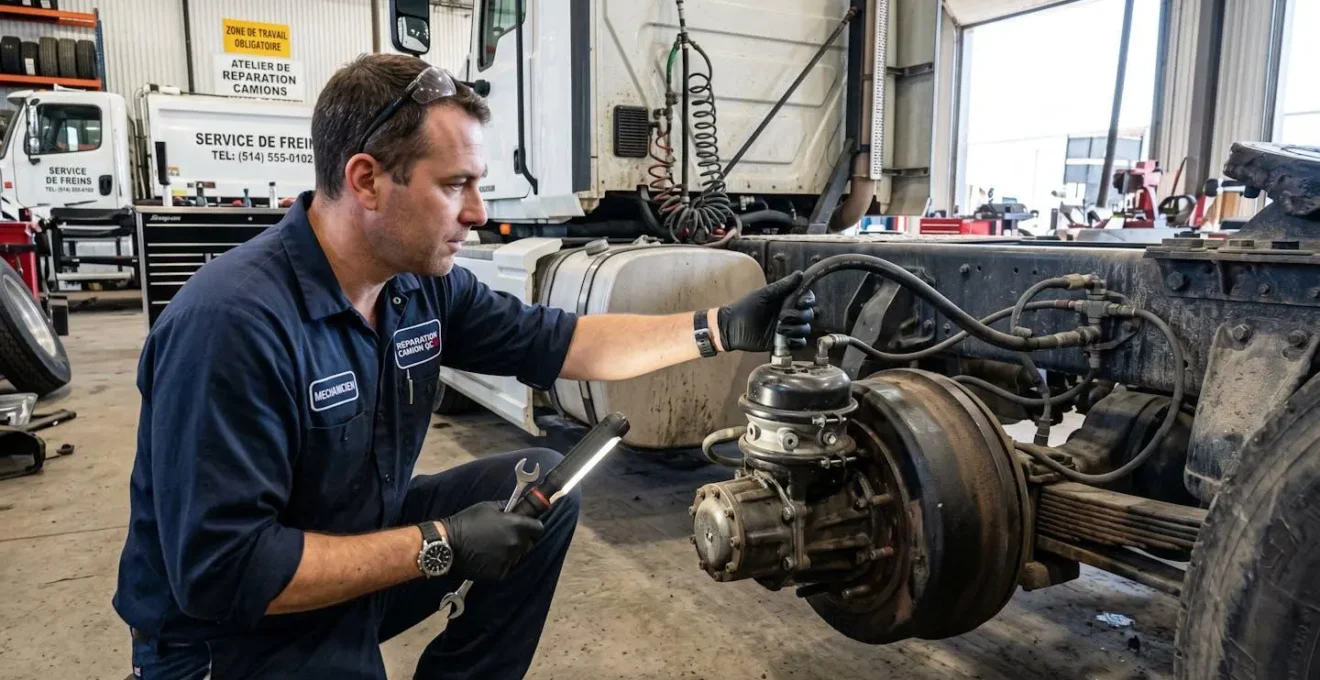 Mécanicien de profil vérifiant raccord pneumatique système freinage camion dans garage éclairé naturellement