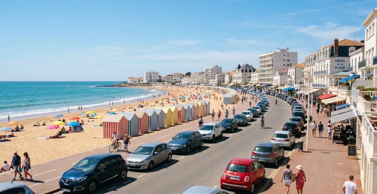 Front de mer des Sables-d'Olonne avec véhicules garés face à la Grande Plage et ses cabines colorées
