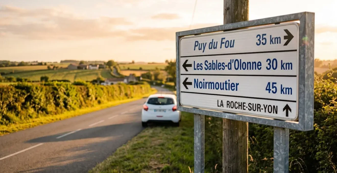Panneau routier français indiquant les distances depuis La Roche-sur-Yon vers les principales destinations vendéennes, avec véhicule de location sur route de campagne
