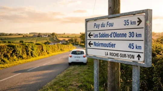 Panneau routier français indiquant les distances depuis La Roche-sur-Yon vers les principales destinations vendéennes, avec véhicule de location sur route de campagne