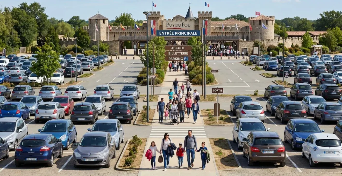 Parking visiteurs du Puy du Fou avec véhicules garés et familles se dirigeant vers l'entrée du parc à thème