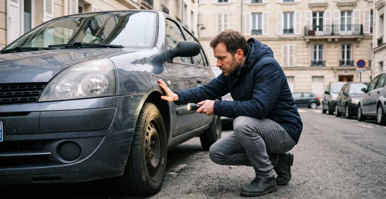Un acheteur inspecte le pneu et la carrosserie d'une voiture d'occasion avant l'essai, dans une rue française.