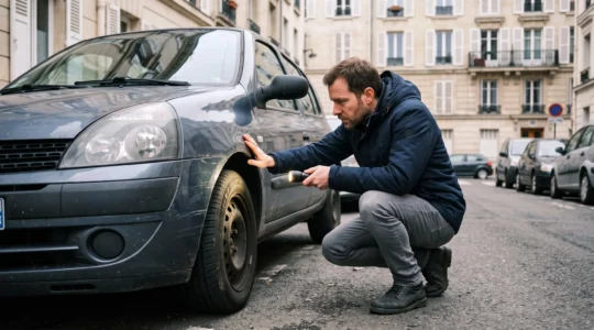 Un acheteur inspecte le pneu et la carrosserie d'une voiture d'occasion avant l'essai, dans une rue française.
