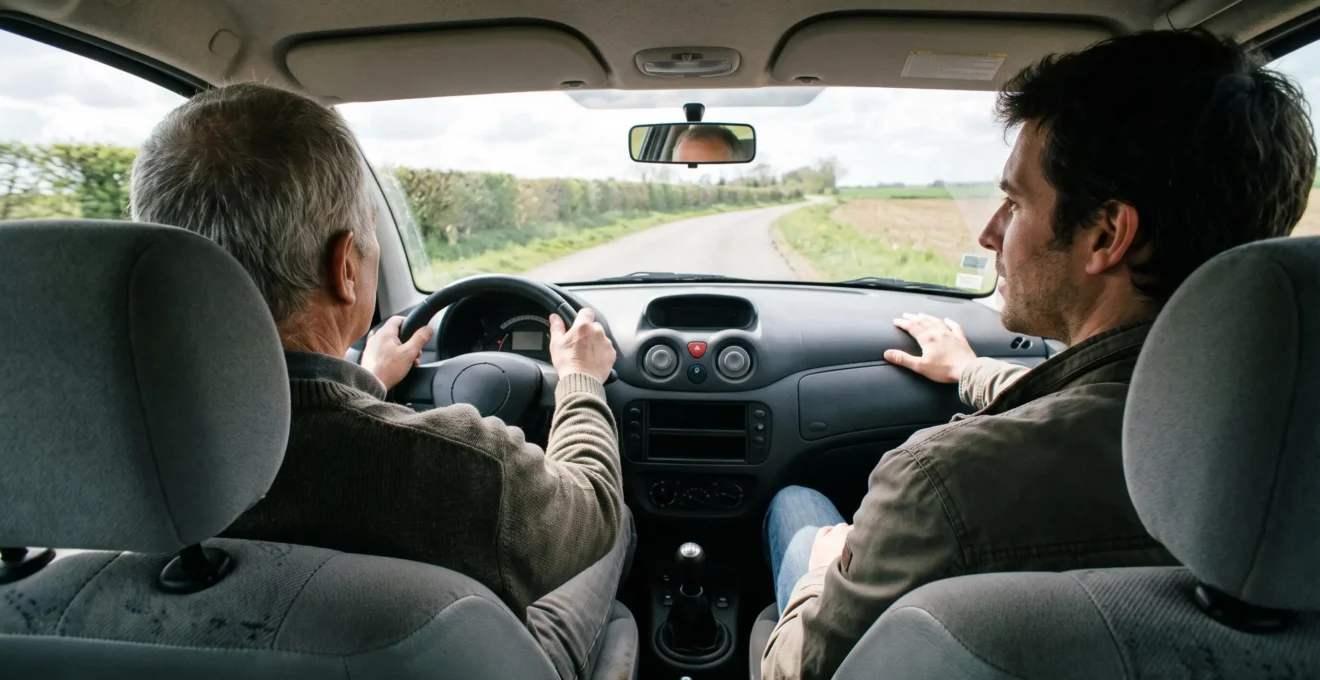 Un acheteur passager observe et écoute le comportement du véhicule pendant un essai routier conduite par le vendeur.